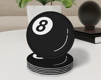 Thick Round Faux Leather Coasters Set of 6 - 8 Ball Design