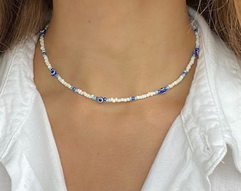 Sterling Silver Evil Eye Seed Bead Choker Necklace, Adjustable Length