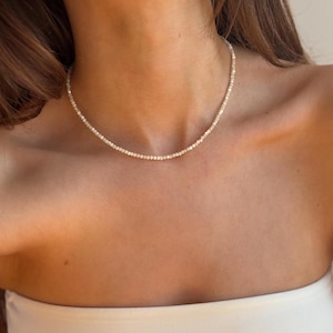 925 Sterling Silver Mother of Pearl Beaded Necklace, handmade White elegant wedding pearly bead jewellery, dainty Nacre beads choker wife image 6