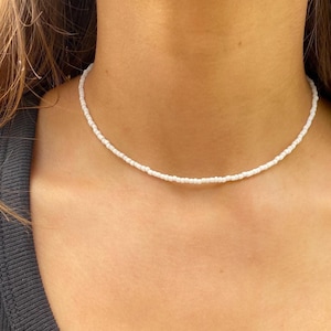 Sterling Silver Beaded Necklace, Seed beaded choker necklace, 14 inches with extender chain, white seed bead