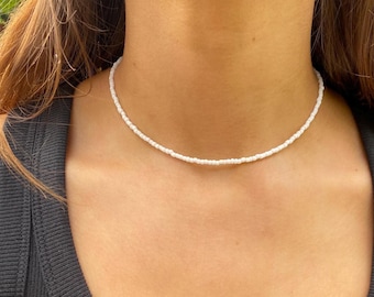 Sterling Silver White Seed Bead Choker Necklace