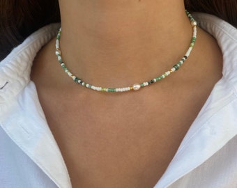 Sterling Silver Beaded Necklace Seed Beaded Choker Necklace, Green White African Turquoise Gold Beads, Fresheater Pearl Bead Jewellery, Gem