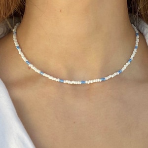 Sterling Silver Beaded Necklace seed beaded choker adjustable blue white seed beads, Beachy girls necklace, beach choker necklace for summer