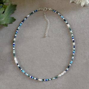 925 Sterling Silver Beaded Necklace, Crystal Blue Seed Bead White Choker Necklace, Freshwater Pearl Dainty Seeded Jewellery, Ocean Mermaid
