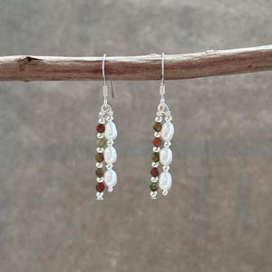 Dangle Earrings 925 Sterling Silver, Gold Filled, or Gold Plated. Freshwater Pearl Drop Earrings, Unakite Gem Stone Dangly Long Earring Gift