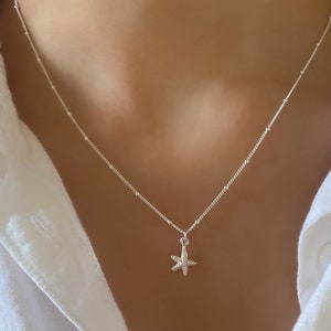925 sterling silver starfish necklace, beaded necklace with starfish, silver starfish necklaces for women, starfish ocean necklace beaded