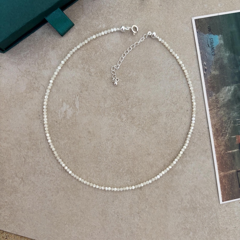 925 Sterling Silver Mother of Pearl Beaded Necklace, handmade White elegant wedding pearly bead jewellery, dainty Nacre beads choker wife image 4
