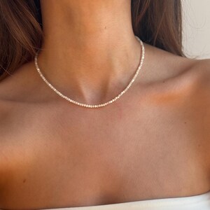 925 Sterling Silver Mother of Pearl Beaded Necklace, handmade White elegant wedding pearly bead jewellery, dainty Nacre beads choker wife image 5