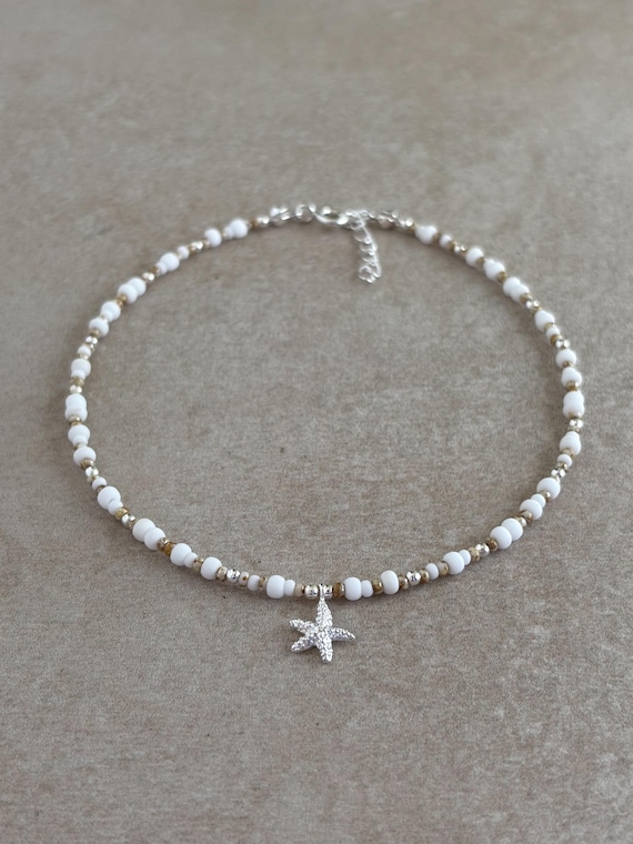 Sterling Silver Starfish Anklet, Beaded Beach Jewelry