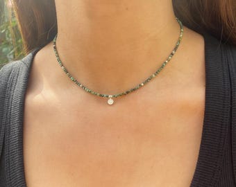 Sterling Silver beaded choker necklace, African Turquoise green seed bead jewellery, flower drop pendant