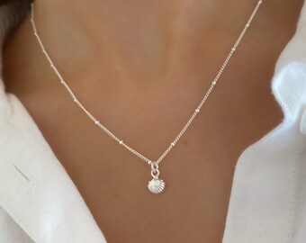 Dainty Sterling Silver Shell Necklace: Beaded Satellite Chain