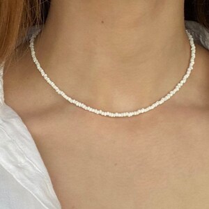 Sterling Silver Beaded Necklace, Seed beaded choker necklace, 14 inches with extender chain, white seed bead