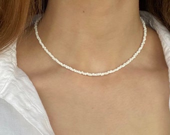 Sterling Silver Beaded Necklace, Seed beaded choker necklace, 14 inches with extender chain, white seed bead
