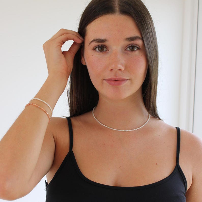 925 Sterling Silver Mother of Pearl Beaded Necklace, handmade White elegant wedding pearly bead jewellery, dainty Nacre beads choker wife image 2
