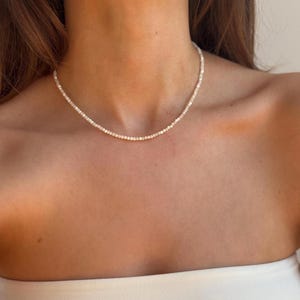 925 Sterling Silver Mother of Pearl Beaded Necklace, handmade White elegant wedding pearly bead jewellery, dainty Nacre beads choker wife image 1