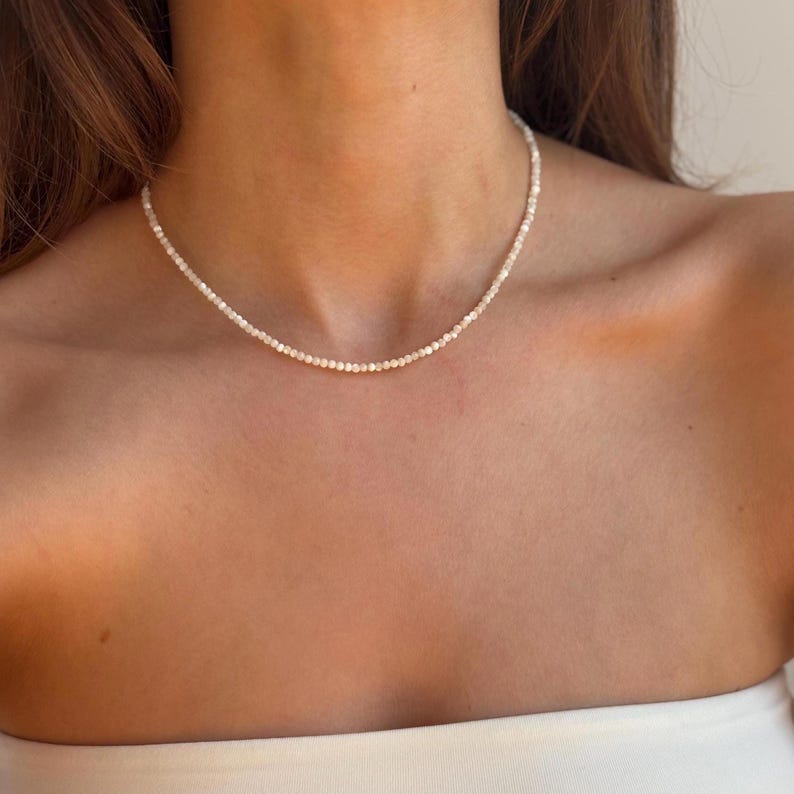 925 Sterling Silver Mother of Pearl Beaded Necklace, handmade White elegant wedding pearly bead jewellery, dainty Nacre beads choker wife image 1