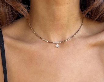 Sterling Silver Starfish Choker: Seed Bead Beach Necklace for Summer