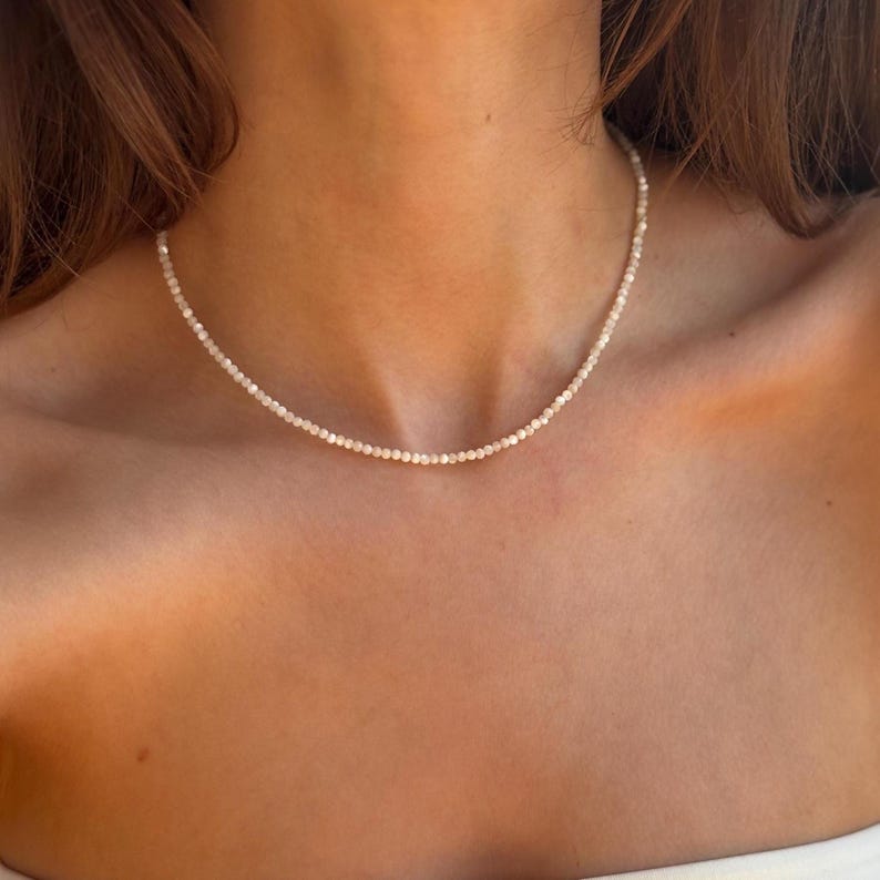 925 Sterling Silver Mother of Pearl Beaded Necklace, handmade White elegant wedding pearly bead jewellery, dainty Nacre beads choker wife image 3