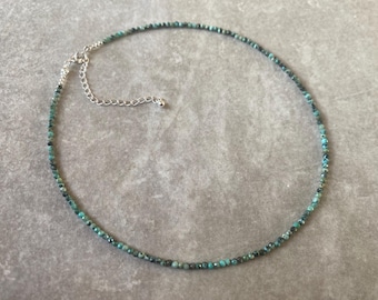 Sterling Silver Beaded Necklace, Seed Beaded Choker Necklace, blue green and brown seed bead, African Turquoise Beads