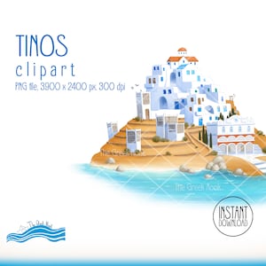 Clipart Tinos, été grec, îles de la mer Égée, téléchargement immédiat, usage commercial, mer Méditerranée, conception d'architecture traditionnelle