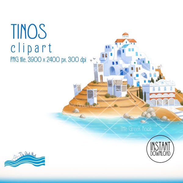 Clipart Tinos, été grec, îles de la mer Égée, téléchargement immédiat, usage commercial, mer Méditerranée, conception d'architecture traditionnelle