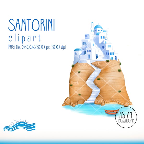 Santorini clipart, Greek summer, Aegean islands, instant download, commercial use, Mediterranean sea, traditional architecture design Greece