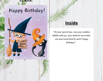 Halloween Birthday Card: Adorable Witch and Black Cat (A2)
