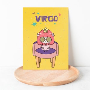Adorable Virgo Animated Girl In Chair Card| Animated Zodiac Greeting Cards| Zodiac NoteCards| Zodiac Virgo Birthday Card| Virgo Notecards