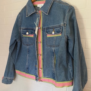 Customized Blue Jean/Denim Jacket With Genuine Swarovski Buttons and Pink Martini Glass Trim Size M