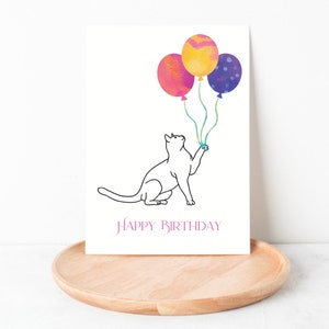 Happy Birthday Cat Holding Balloons Cards| Greeting Cards for Her| Cat Lover Greeting Cards| Minimalist Cards| Homemade Greeting Cards