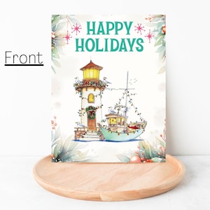 Coastal Lighthouse Christmas Card – New England Winter Harbor Scene