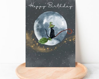 Happy Birthday "Cat Flying On Broomstick" - Cute & Adorable Cat Birthday Card| Halloween Greeting Card| Witch and Black Cat Birthday Card