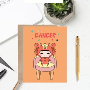 Animated Cancer Zodiac Card| Zodiac Notecard| Birthday Astrology Card| Astrology Cards| Cute Zodiac Cards| Cancer Astrology Notecards