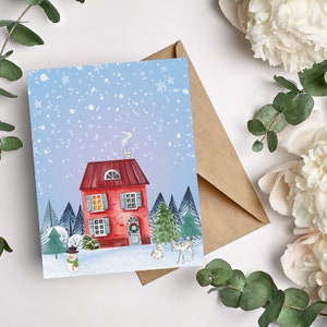 Winter Red House Holiday Card| Winter Wonderland Greeting Cards| Homemade Greeting Card|Blank Holiday Cards| Christmas Cards| Cottage Core