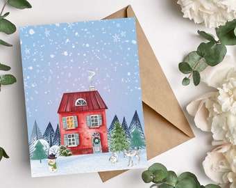 Red House Winter Holiday Card: Handmade Cottagecore Greeting