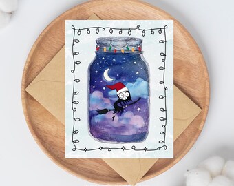 Christmas Witch Mason Jar Greeting Card: Whimsical Holiday Card