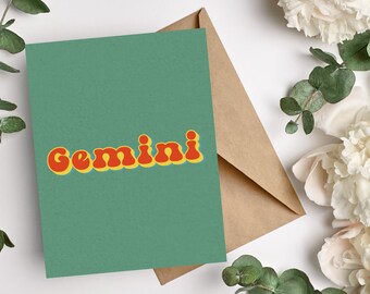 Retro Zodiac Gemini Notecard| Gemini Astrology Greeting Card| Zodiac Birthday Notecard for him| Gemini Birthday Card| Blank Notecard