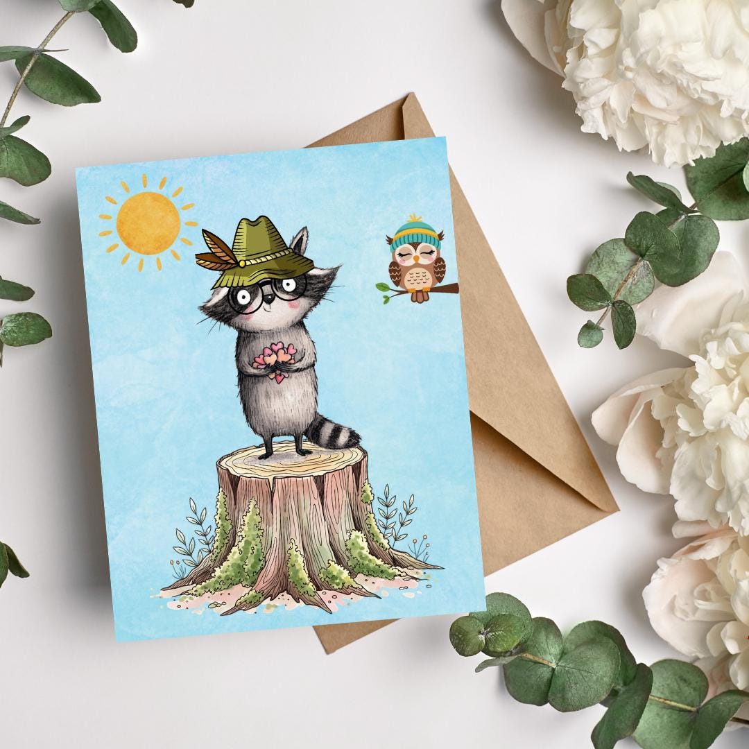 Robin Hood Raccoon Greeting Card, Woodland Animal Design, Love Card - Etsy
