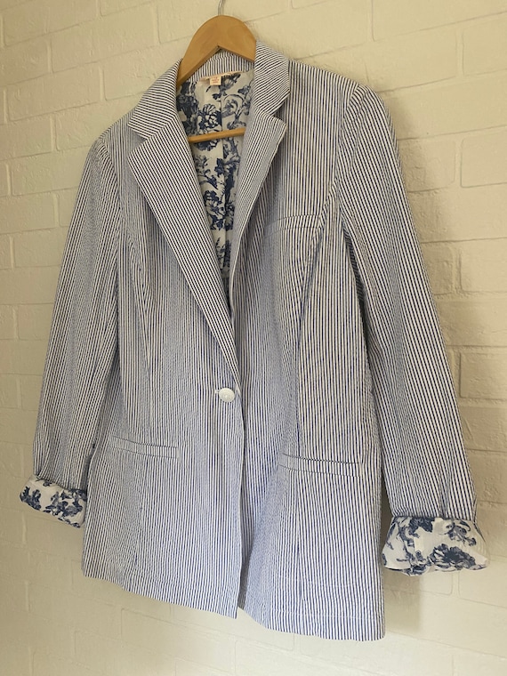 Vintage 90s Brooks Brothers Blue and White Striped Blazer Size 12