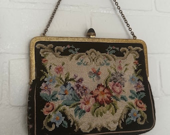 Vintage Austrian Needlepoint Purse: 1900s Black Floral Handbag