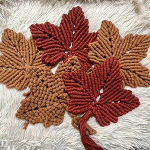 May include: Five macrame leaf wall hangings in shades of brown and rust. The leaves are made with thick cord and have a fringed tassel at the bottom.