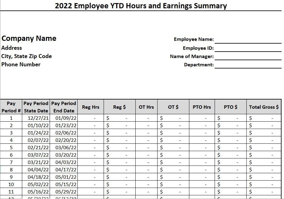Biweekly Employee YTD Payroll Summary PTO Tracker and Etsy