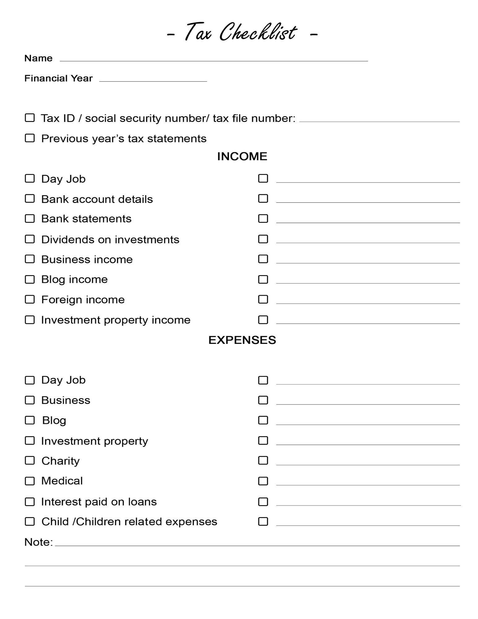 Printable Tax Checklist for Personal, Small Business, Self-employed Finances Instant PDF ...