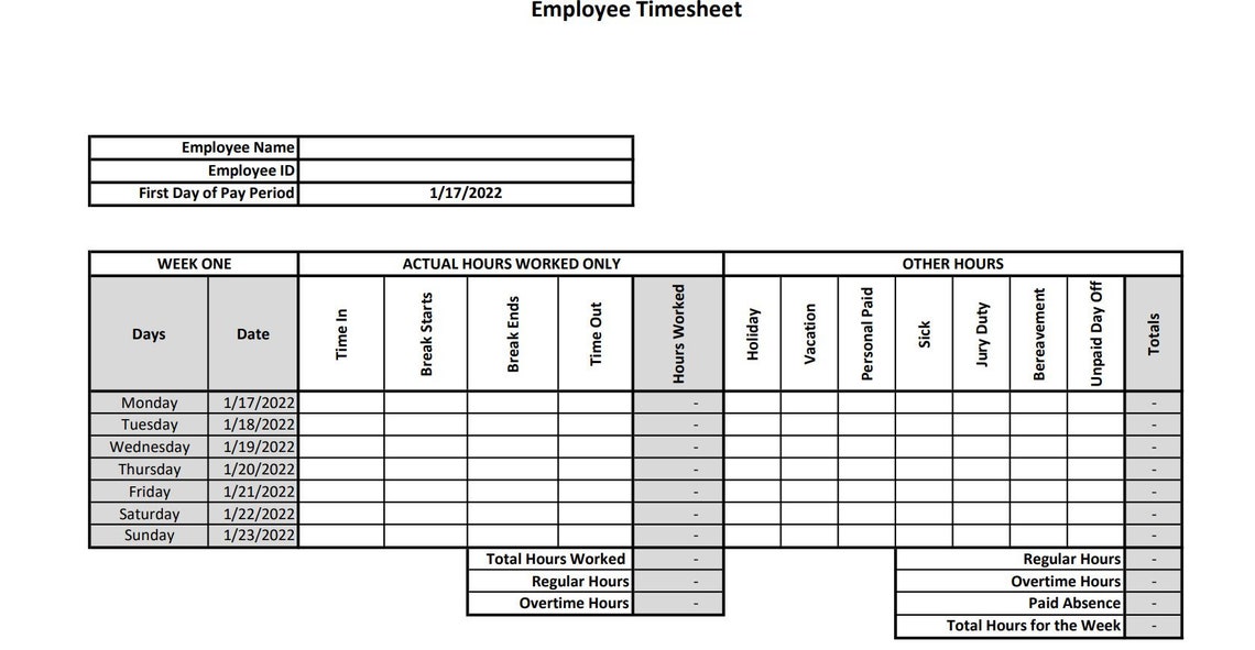 Biweekly Employee Timesheet Instant Download Editable and Printable