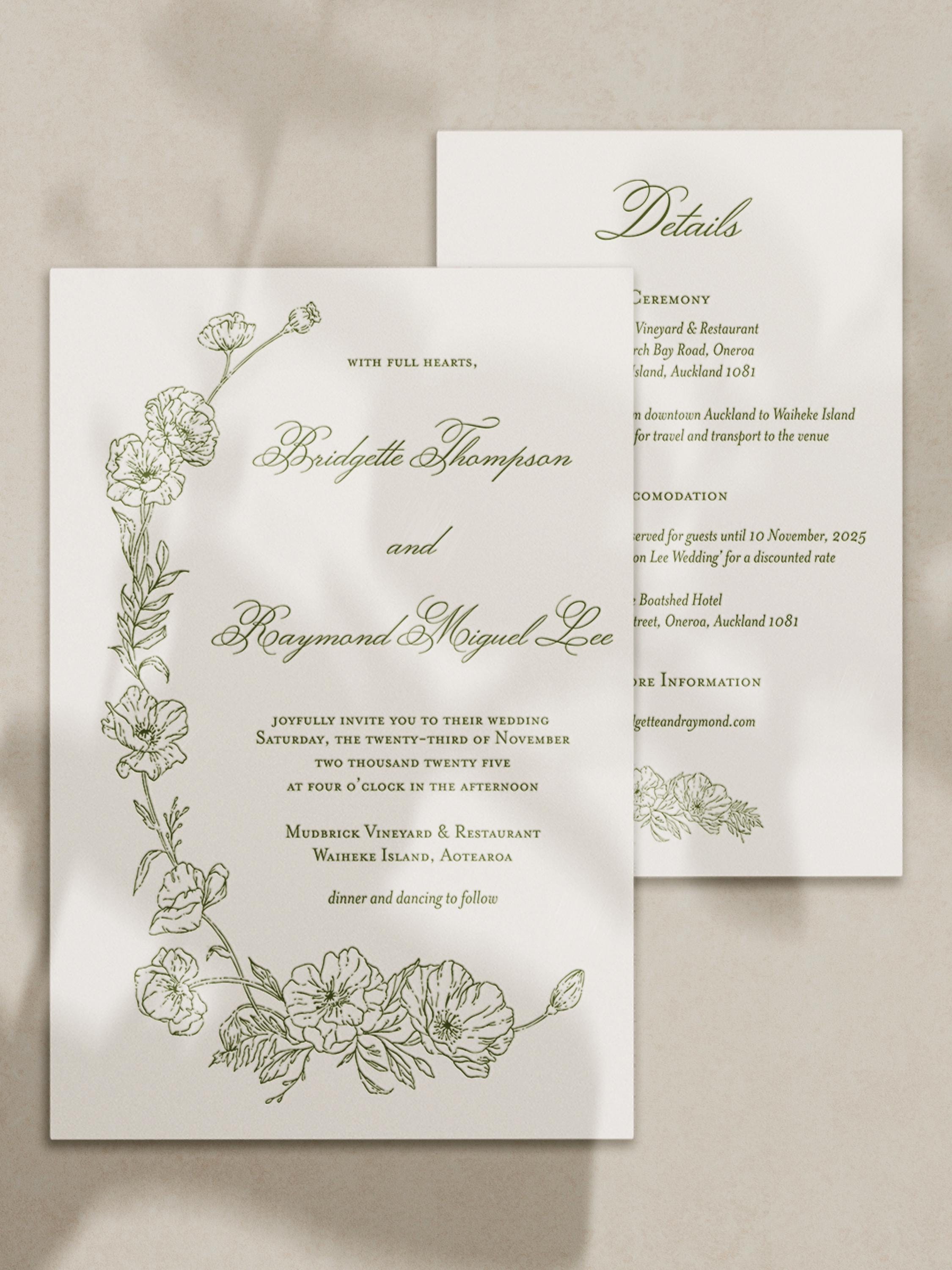 Poppy Garden Wreath Wedding Invitation + Details Card | Vintage