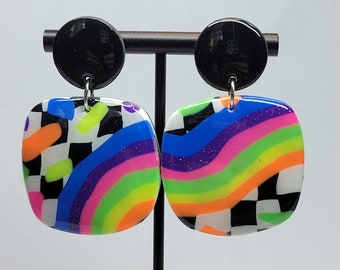 Handmade earrings dangle, Checkered earrings, Rainbow earrings, Rainbow earrings clay, Pride earrings, Polymer clay earrings