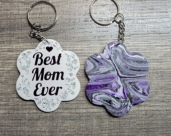 Handmade keychain, Mother keychain, Polymer clay keychain, Purple keychain, Stripe keychain, Flower shape keychain, Gift for mom