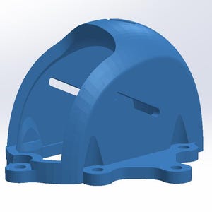 May include: A blue plastic 3D printed part with a curved top and a flat base. The part has several holes and slots.