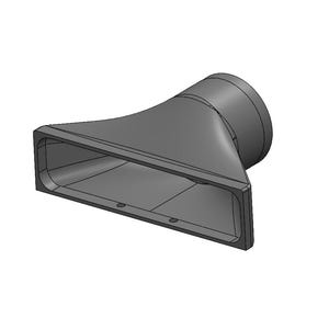 Könnte beinhalten: Eine graue, abgewinkelte Düse mit rechteckiger Öffnung und rundem Ende. Die Düse scheint aus einem festen Material zu bestehen und dient zur Lenkung von Luft- oder Flüssigkeitsströmen. Das Design ist einfach und funktional.