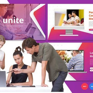 May include: A presentation template with a purple and orange gradient background. The word "unite" is displayed in white text. The image also includes a computer mockup and a laptop mockup, with people working on computers.